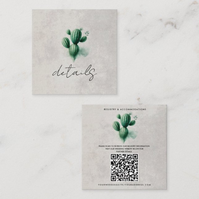 Tarjeta De Visita Cuadrada Detalles del Boda del Cactus verde acuarela (Anverso / Reverso)
