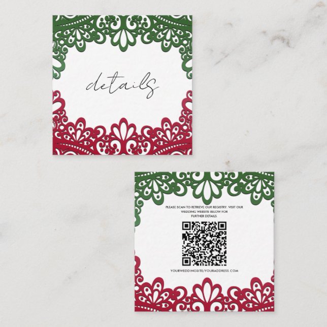 Tarjeta De Visita Cuadrada Detalles del Boda Fiesta elegante de encaje verde  (Anverso / Reverso)
