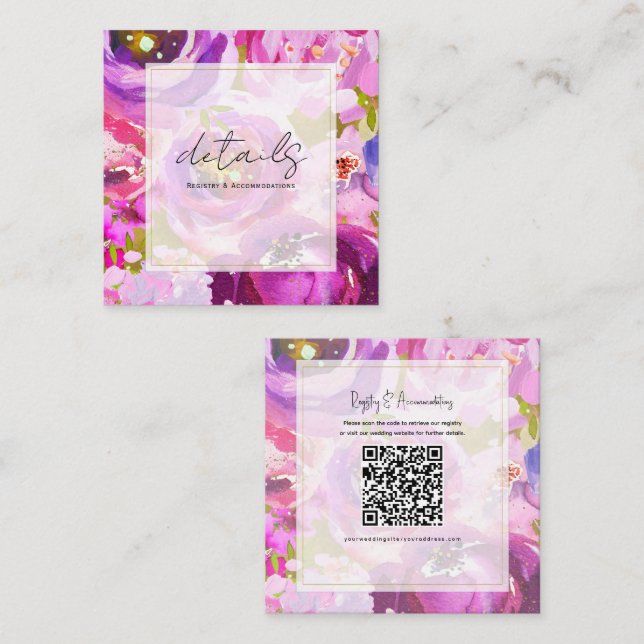 Tarjeta De Visita Cuadrada Detalles del Boda floral violeta rosa púrpura (Anverso / Reverso)