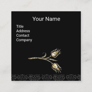 Tarjeta De Visita Cuadrada DIAMONTE TULIPS DAMASK MONOGRAM, negro y blanco