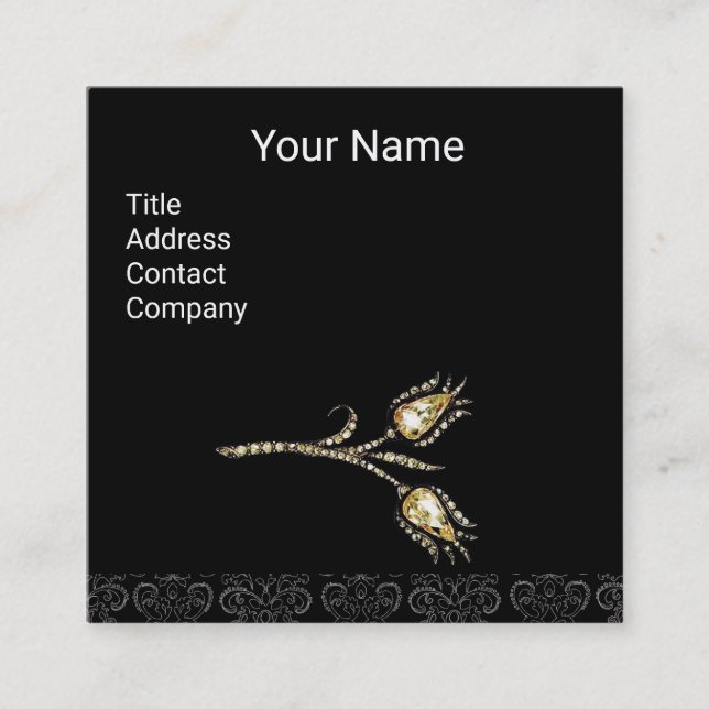 Tarjeta De Visita Cuadrada DIAMONTE TULIPS DAMASK MONOGRAM, negro y blanco (Anverso)