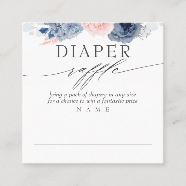 Tarjeta De Visita Cuadrada Diaper Raffle Blue Pink Floral Baby Shower (Anverso)