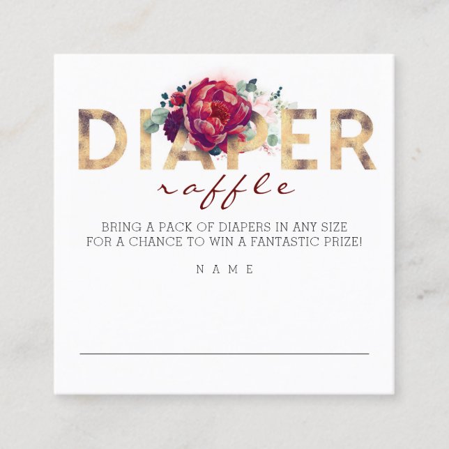 Tarjeta De Visita Cuadrada Diaper Raffle Burgundy Red and Gold Baby Shower (Anverso)