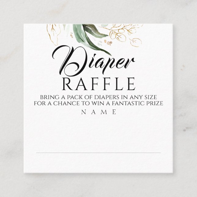 Tarjeta De Visita Cuadrada Diaper Raffle Gold Greenery Baby Shower (Anverso)
