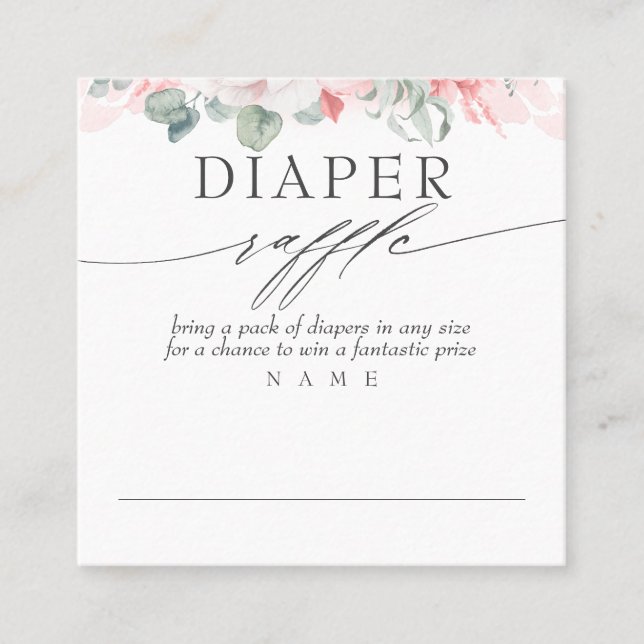 Tarjeta De Visita Cuadrada Diaper Raffle Soft Pink Floral Baby Shower (Anverso)