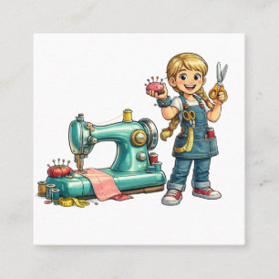 Tarjeta De Visita Cuadrada Dibujo animado de niña linda cosiendo con máquina
