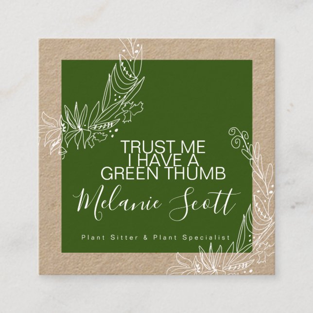 Tarjeta De Visita Cuadrada Dibujo botánico Green Garden Planta Sitter Kraft (Anverso)