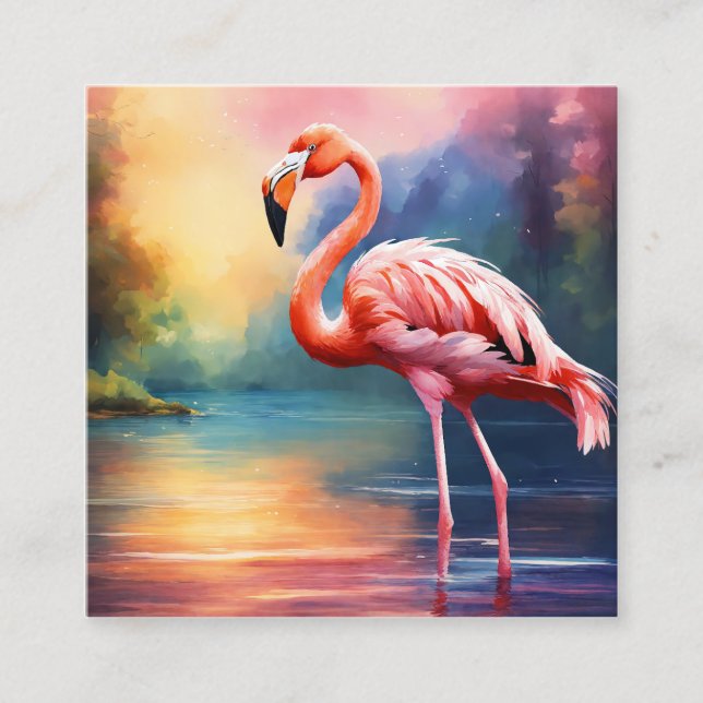 Tarjeta De Visita Cuadrada Dibujo gráfico de Flamingo Rosa en la acuarela (Anverso)