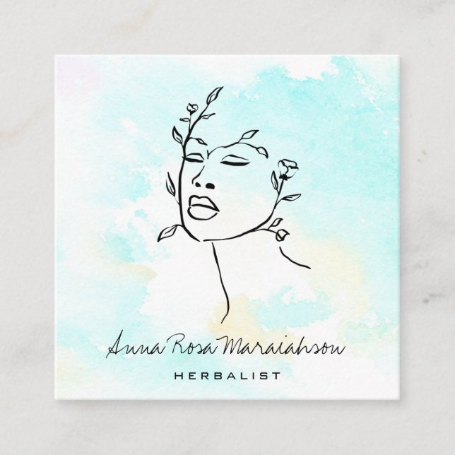 Tarjeta De Visita Cuadrada *~* Diosa de arte de línea botánica QR Greenery  (Anverso)