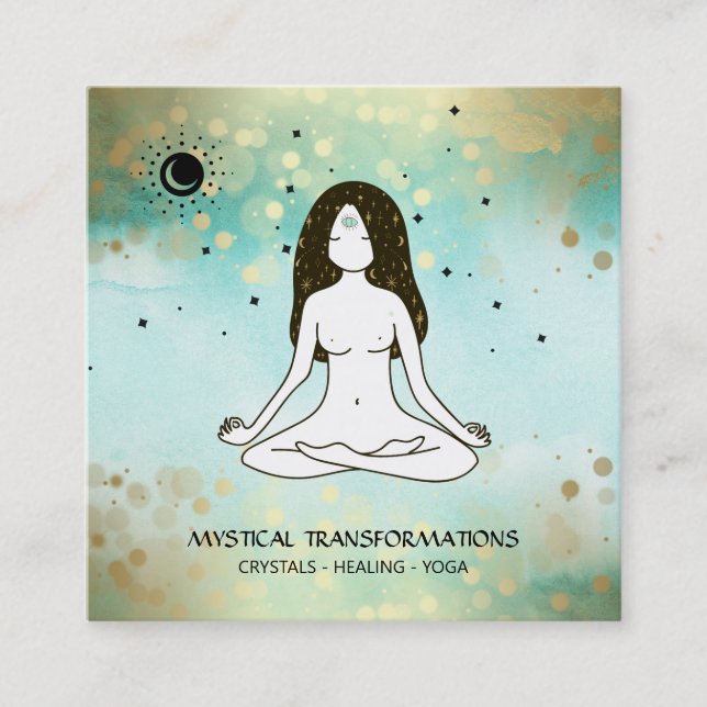 Tarjeta De Visita Cuadrada *~* Diosa del yoga Celestial Luna Magia Boho Verde (Anverso)