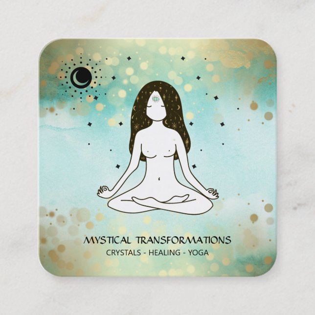 Tarjeta De Visita Cuadrada *~* Diosa del yoga Celestial Luna Magia Boho Verde (Anverso)