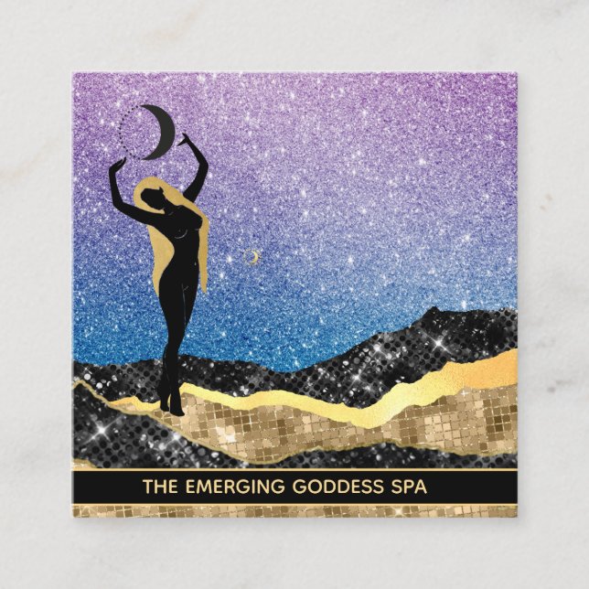 Tarjeta De Visita Cuadrada *~* Diosa mujer Ombre Moon Denim Blue Purpurina (Anverso)