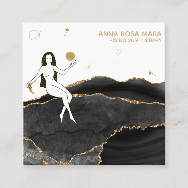 Tarjeta De Visita Cuadrada *~* Diosa Purpurina de oro del Agate Negro Celesti (Anverso)