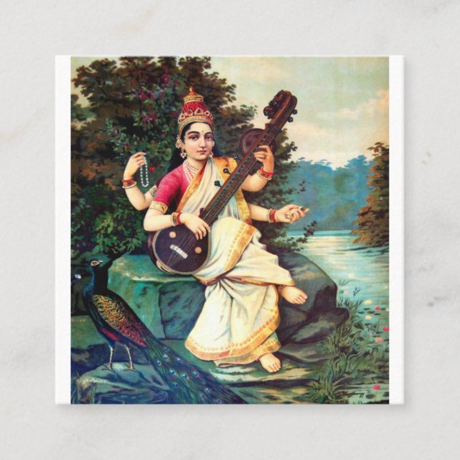 Tarjeta De Visita Cuadrada Diosa Saraswati Por Raja Ravi Varma (Anverso)