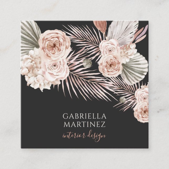Tarjeta De Visita Cuadrada Diseñador de interiores color floral rosa negro (Anverso)
