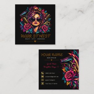 Tarjeta De Visita Cuadrada Diseñador de peinados de tatuaje floral retro de m