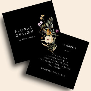 Tarjeta De Visita Cuadrada Diseñadora floral boho negra de acuarela de flores