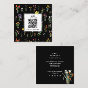 Tarjeta De Visita Cuadrada Diseñadora Floral Negra Acuarela Bohemio Flor Silv