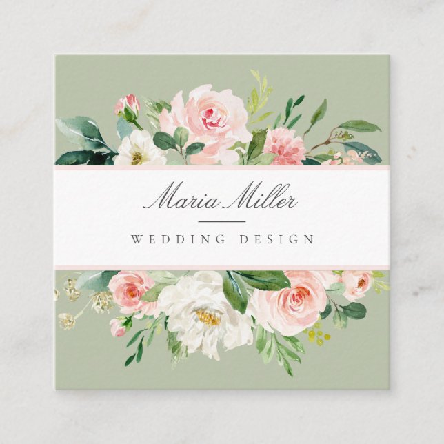 Tarjeta De Visita Cuadrada Diseño de Boda floral verde de primavera rosada de (Anverso)