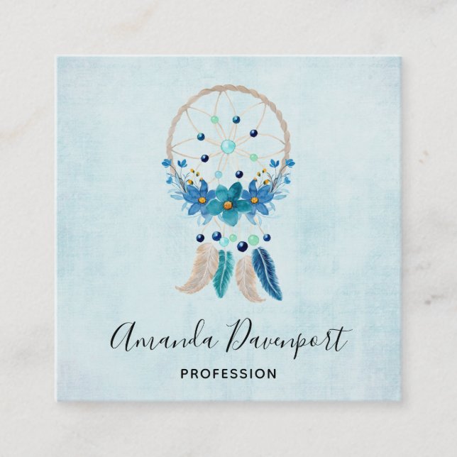 Tarjeta De Visita Cuadrada Diseño de Boho estilo Blue Dreamcatcher (Anverso)