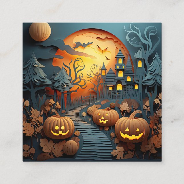 Tarjeta De Visita Cuadrada Diseño de efecto 3D de la escena de Halloween mate (Anverso)