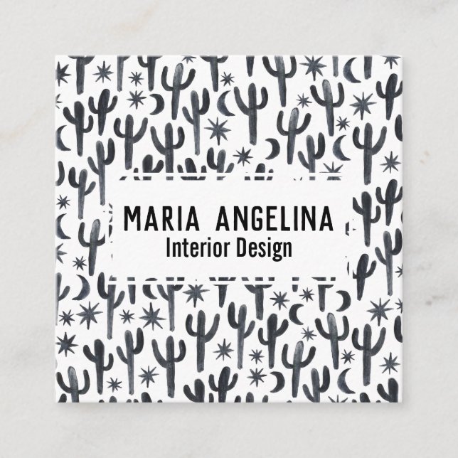 Tarjeta De Visita Cuadrada Diseño de la acuarela de Cactus Moon Stars (Anverso)