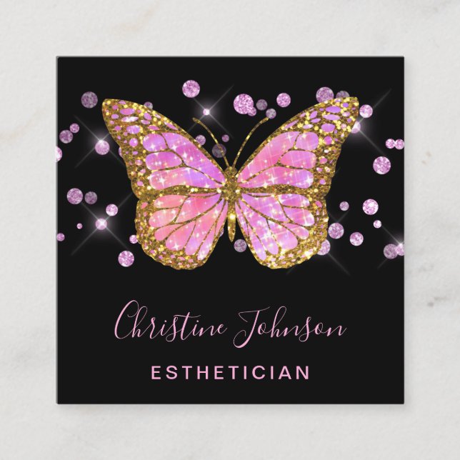Tarjeta De Visita Cuadrada diseño de mariposa purpurina estético (Anverso)