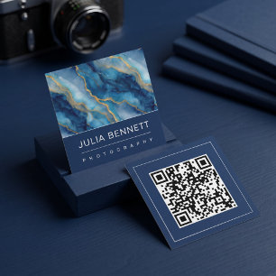 Tarjeta De Visita Cuadrada Diseño de mármol azul de lujo con dorado elegante