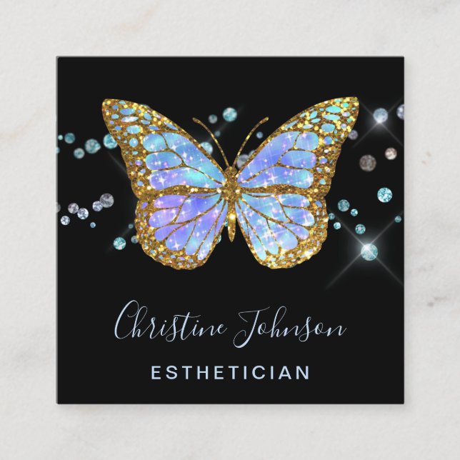 Tarjeta De Visita Cuadrada diseño estético de mariposa azul purpurina (Anverso)