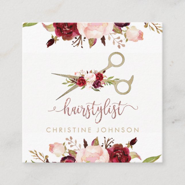 Tarjeta De Visita Cuadrada diseño floral elegante guión de peluquero (Anverso)