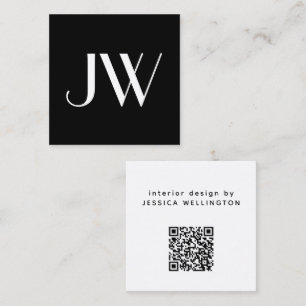 Tarjeta De Visita Cuadrada Diseño moderno de monograma negro mínimo Código QR