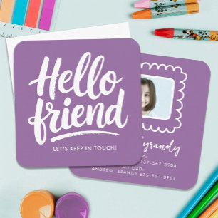 Tarjeta De Visita Cuadrada Diversión Lavanda Púrpura Hola Amigo Cita Para Jug