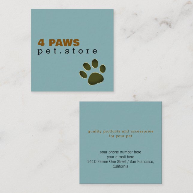 Tarjeta De Visita Cuadrada Dog Paw | Pet Store blue modern (Anverso / Reverso)