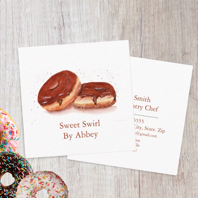 Tarjeta De Visita Cuadrada Donuts de chocolate acuarela (Watercolor Chocolate Glazed Donuts Square Business Card)