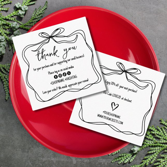 Tarjeta De Visita Cuadrada Doodle Bow Ribbon Pequeña Empresa Gracias (Subido por el creador)