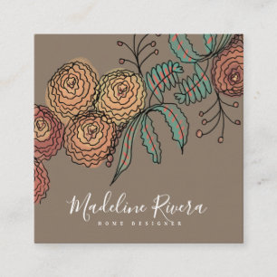 Tarjeta De Visita Cuadrada Doodle Florals Wreath Sprigs Diseñador de vegetaci