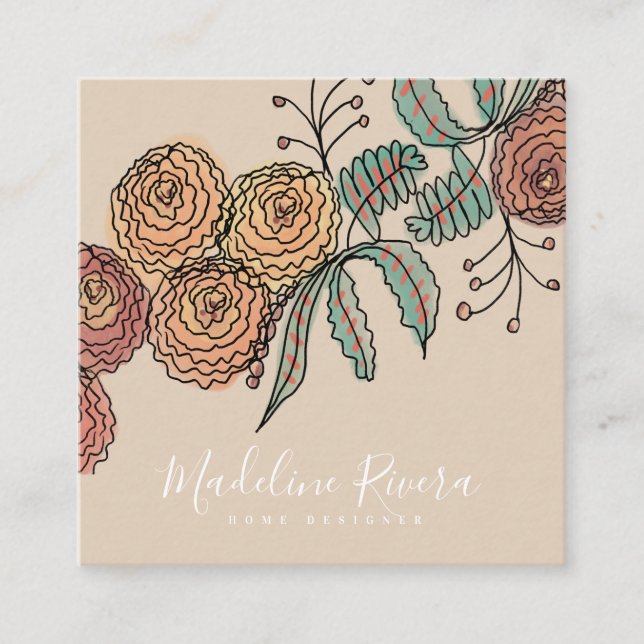 Tarjeta De Visita Cuadrada Doodle Florals Wreath Sprigs Diseñador de vegetaci (Anverso)