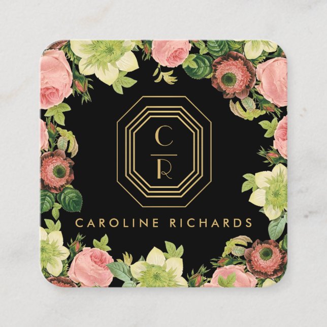 Tarjeta De Visita Cuadrada Dorado Art Deco Monograma Vintage Florines Negro (Anverso)