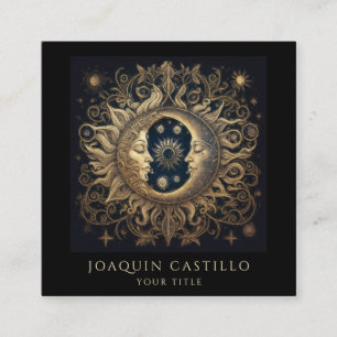 Tarjeta De Visita Cuadrada Dorado Celestial Holístico Luna Negro