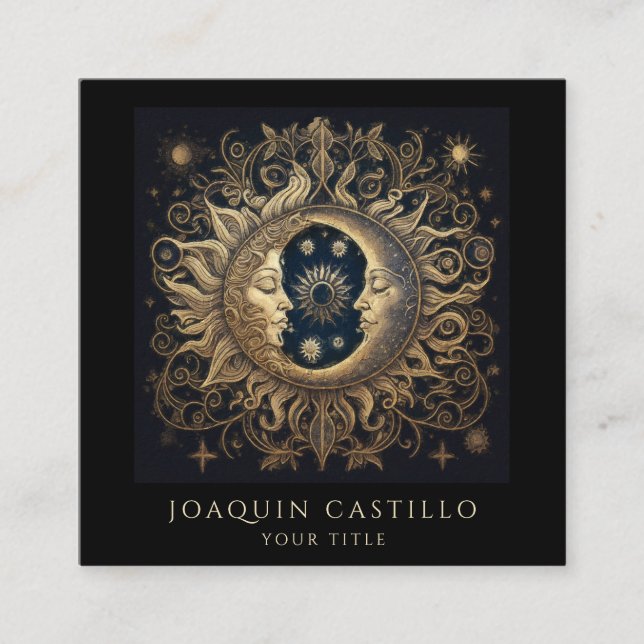 Tarjeta De Visita Cuadrada Dorado Celestial Holístico Luna Negro (Anverso)