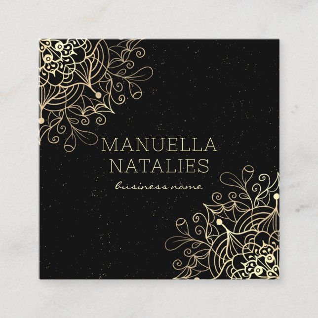 Tarjeta De Visita Cuadrada Dorado floral Mandala negro (Anverso)