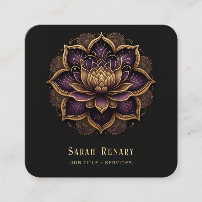 Tarjeta De Visita Cuadrada Dorado y Ametist Lotus Flower Black (Anverso)