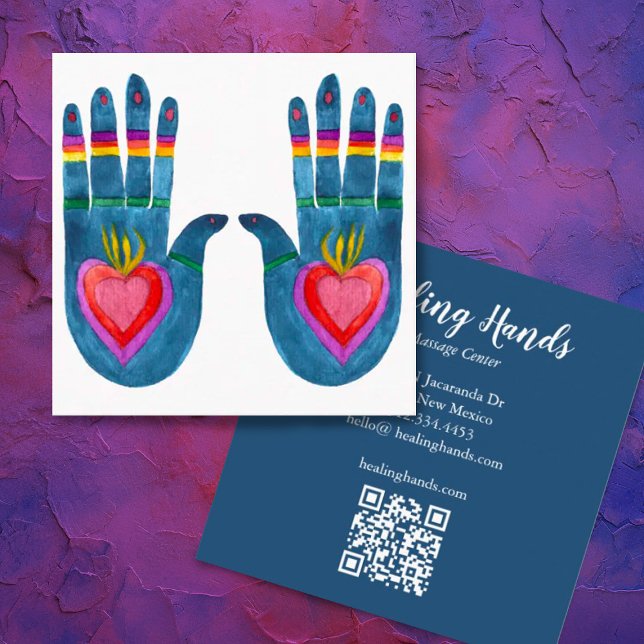 Tarjeta De Visita Cuadrada Dos manos de curación acuarela Boho QR Code (Colorful rainbow watercolor hands custom business card with QR code)