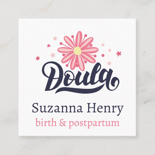Tarjeta De Visita Cuadrada Doula Birth Postpartum Estrellas Florales Rosa Log (Anverso)
