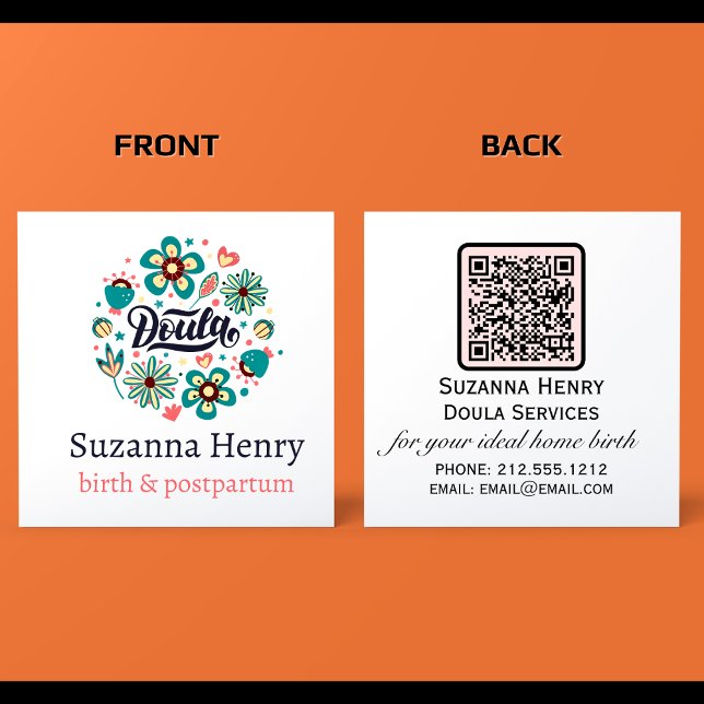 Tarjeta De Visita Cuadrada Doula Birth Postpartum Pink Floral Logo (DOULA BUSINESS CARDS)