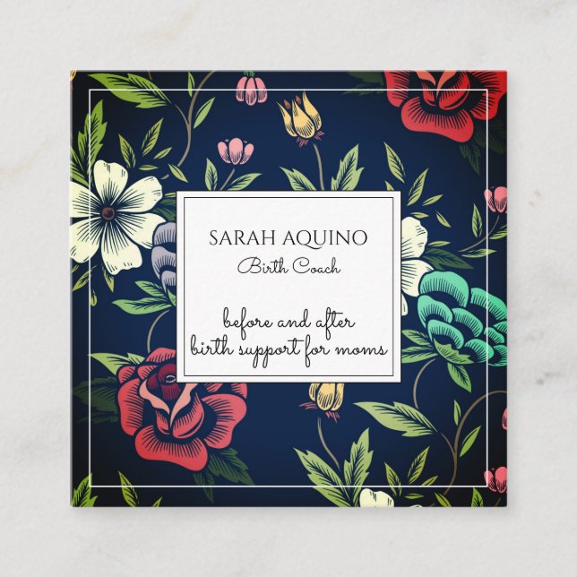 Tarjeta De Visita Cuadrada Doula, entrenadora de natalidad floral monogramada (Anverso)