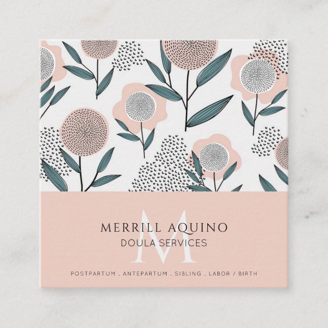 Tarjeta De Visita Cuadrada Doula Services Monograma mano dibujado floral (Anverso)