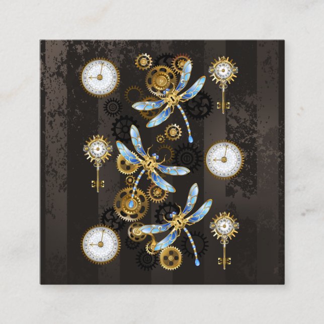 Tarjeta De Visita Cuadrada Dragoniscos de Steampunk sobre fondo rayado marrón (Anverso)