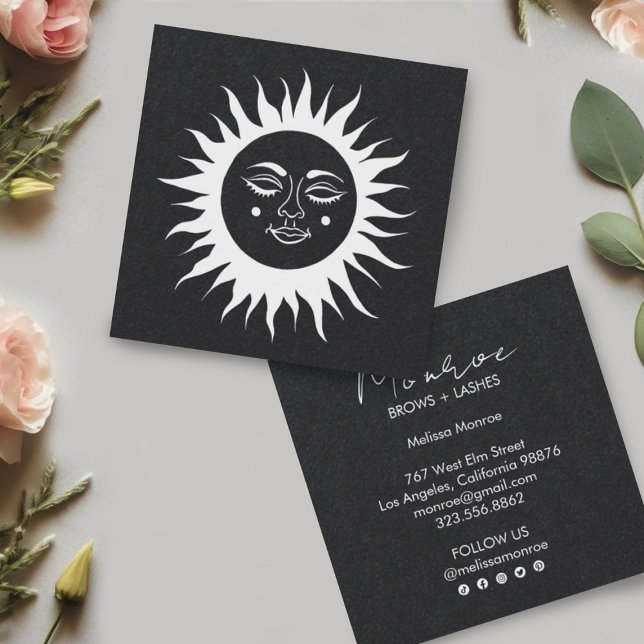 Tarjeta De Visita Cuadrada Dulce Sunshine Boho Line Art Gray Social Media (White line art sun on a luxurious deep gray/black paper. Add your own details to make it shine!)
