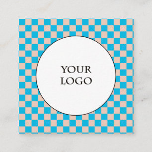 Tarjeta De Visita Cuadrada Duo beige y azul claro a cuadros escoceses y logo